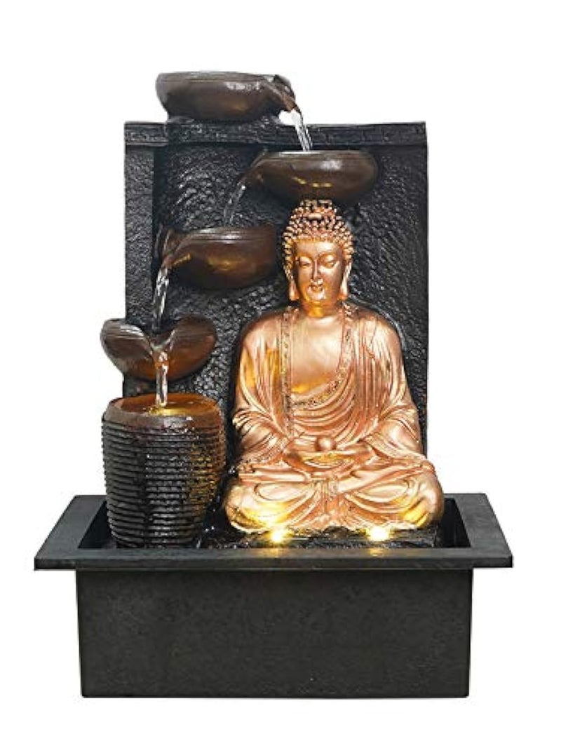 CHRONIKLE Polyresin Golden Brown Meditating Buddha Tabletop Indoor 4 Diya Steps Water Fountain for Home Decor with LED Light Speed Controller Pump Size 40 x 295 x 22CM Weight 2685grm