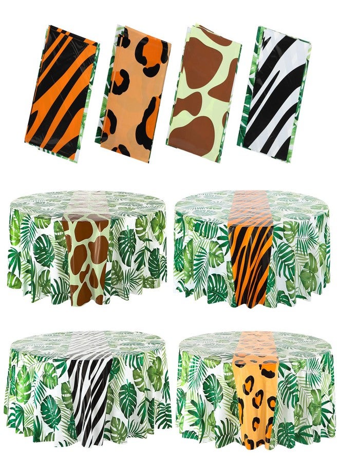 Oudain 4 Pack Animal Safari Tablecloth 84 x 84 Inch Round Jungle Theme Table Cover Tropical Leave Tiger Zebra Giraffe Print Plastic Tablecloth for Birthday Baby Shower Zoo Safari Party Supplies - Image 1
