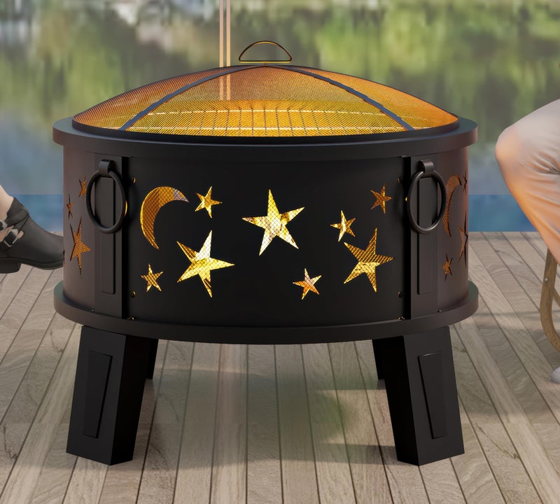 Kingson 26" Outdoor Fire Pit with Grill & Mesh Cover, Wood Burning Steel Firepit with Poker & Star Spark Screen, Heavy Duty Patio Fire Bowl for Backyard, Camping & Garden - Image 5