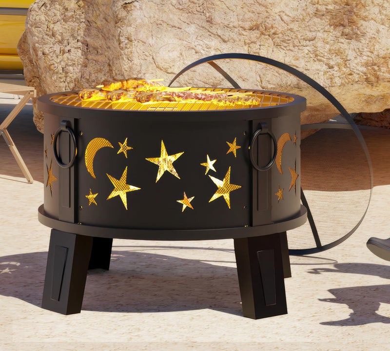 Kingson 26" Outdoor Fire Pit with Grill & Mesh Cover, Wood Burning Steel Firepit with Poker & Star Spark Screen, Heavy Duty Patio Fire Bowl for Backyard, Camping & Garden - Image 2
