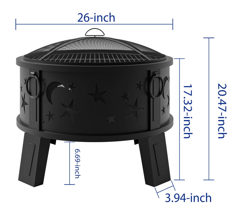 Kingson 26" Outdoor Fire Pit with Grill & Mesh Cover, Wood Burning Steel Firepit with Poker & Star Spark Screen, Heavy Duty Patio Fire Bowl for Backyard, Camping & Garden - Image 3