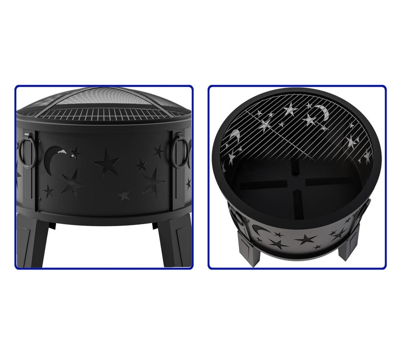 Kingson 26" Outdoor Fire Pit with Grill & Mesh Cover, Wood Burning Steel Firepit with Poker & Star Spark Screen, Heavy Duty Patio Fire Bowl for Backyard, Camping & Garden - Image 4