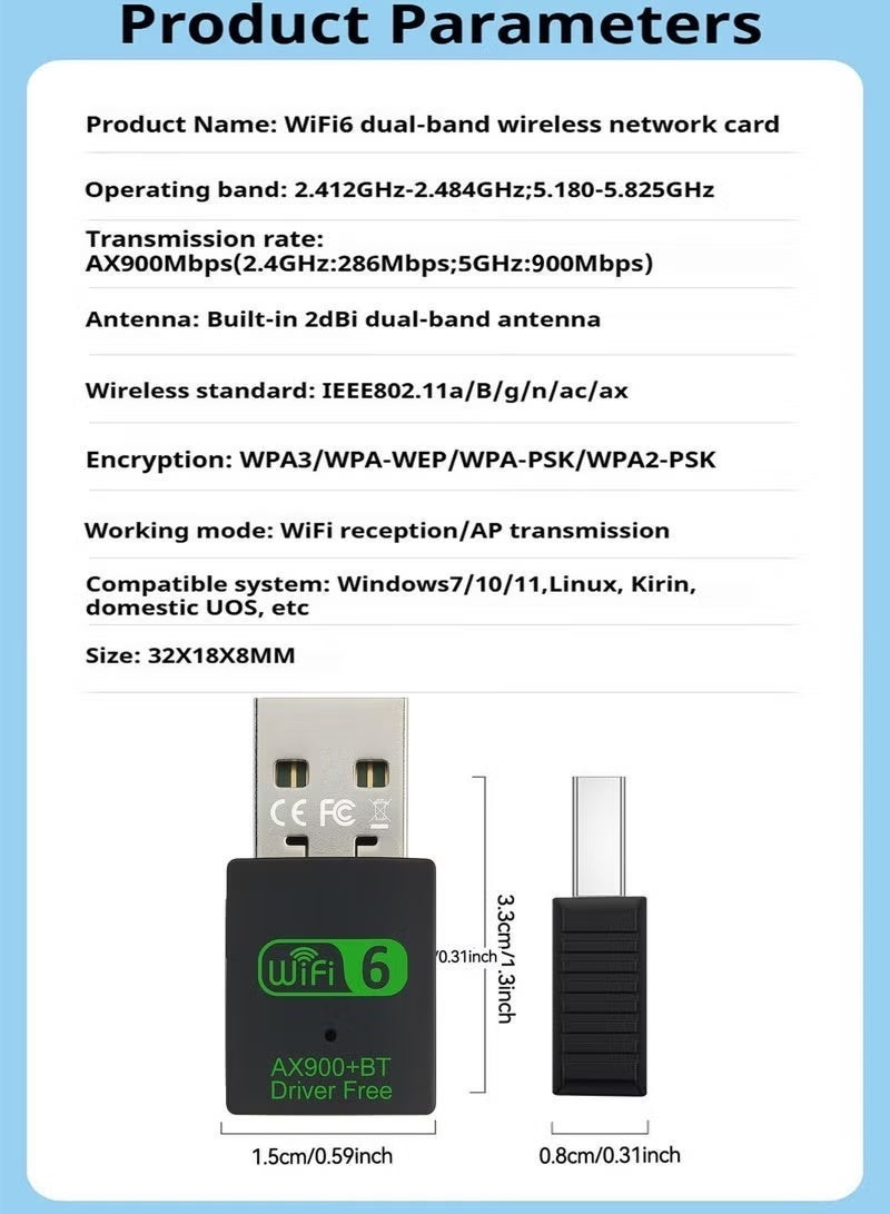 فلوينغ محول USB WiFi Bluetooth، مستقبل شبكة لاسلكي ثنائي النطاق 600 ميجابت في الثانية 2.4/5 جيجاهرتز، موزع WiFi صغير للحاسوب المكتبي/الحاسوب المحمول/الكمبيوتر المكتبي - AX900M + بلوتوث - Image 4