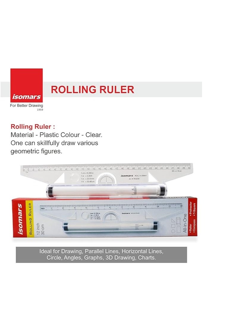 Isomers 12 Inch Measuring Rolling Ruler Plastic Multifunctional Drawing Parallel Rolling Ruler Circle Arc Drawing Design Rulers for Drawing Parallel Lines Circles  - Image 3