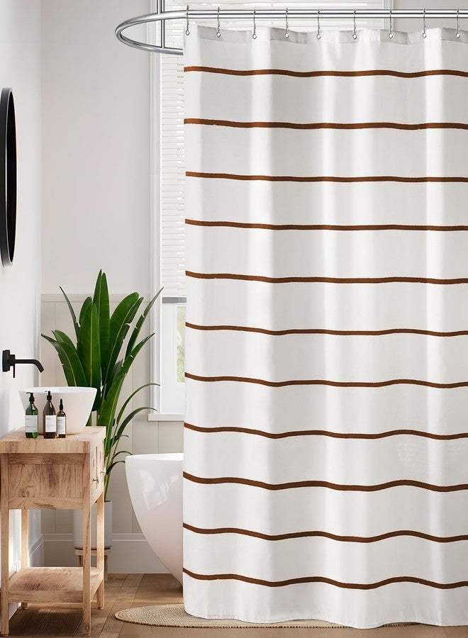 Treory Brown and White Striped Shower Curtain Set with Hooks, Waterproof Fabric, Neutral Tone Printed Hand-Drawn Stripe Design, Modern Farmhouse Bathroom Decor, 72" x 72" - Image 3