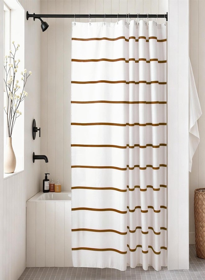 Treory Brown and White Striped Shower Curtain Set with Hooks, Waterproof Fabric, Neutral Tone Printed Hand-Drawn Stripe Design, Modern Farmhouse Bathroom Decor, 72" x 72" - Image 1