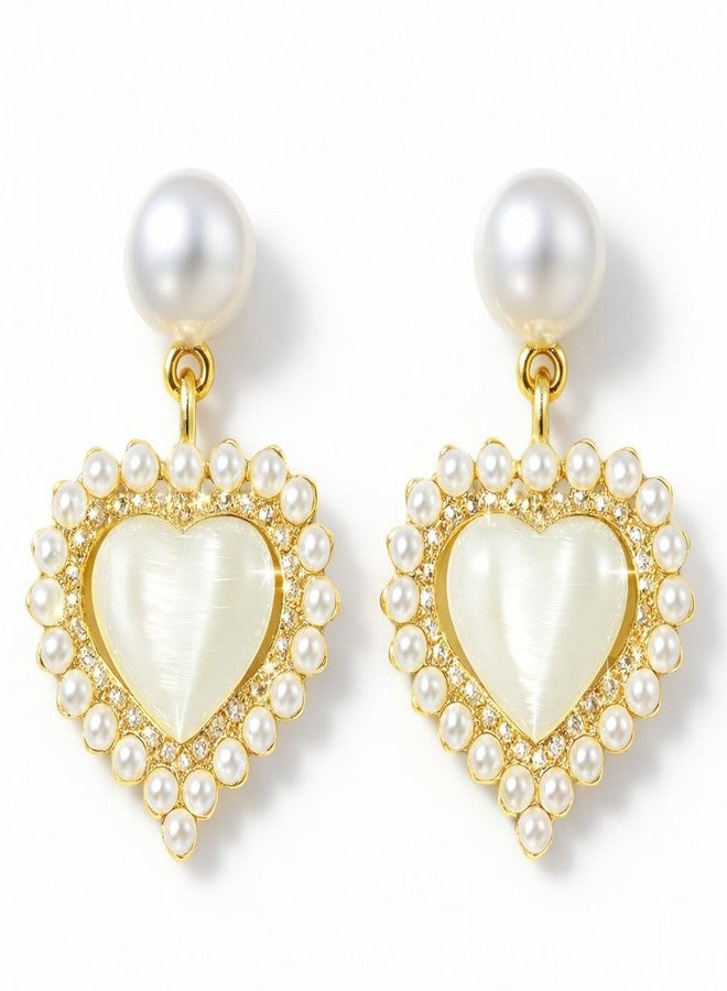 AMAAL Cubic Zirconia Long Drop Korean Pearl Earrings set for Women Wedding Girls Ladies | Western Earing Love | Moti Stylish Ear Rings Jewellery for woman | Valentine Gift for Girlfriend couple -387 - Image 1