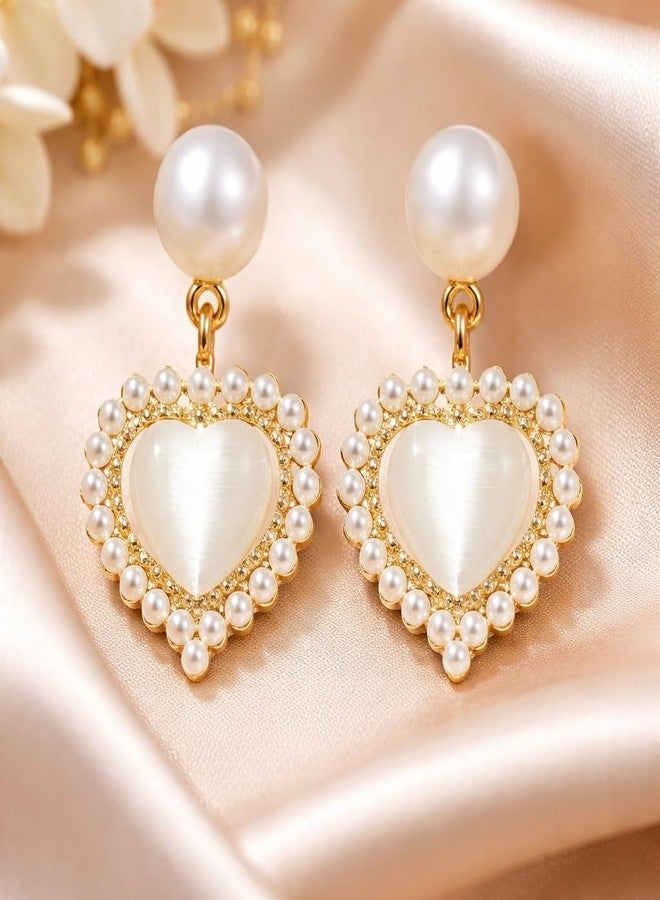 AMAAL Cubic Zirconia Long Drop Korean Pearl Earrings set for Women Wedding Girls Ladies | Western Earing Love | Moti Stylish Ear Rings Jewellery for woman | Valentine Gift for Girlfriend couple -387 - Image 3