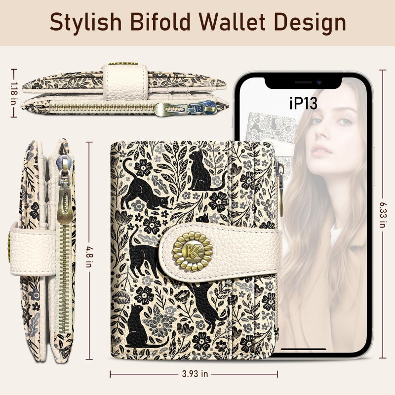 Kelvoris Black Cats Small Rfid Women Wallet Bifold Zipper Coin Pocket PU Leather Compact Cash Credit Card Holder Travel Wallet for Female Ladies Teen Girls 1 ID Window 10 Card Slots - Image 5