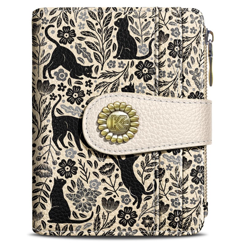 Kelvoris Black Cats Small Rfid Women Wallet Bifold Zipper Coin Pocket PU Leather Compact Cash Credit Card Holder Travel Wallet for Female Ladies Teen Girls 1 ID Window 10 Card Slots - Image 1