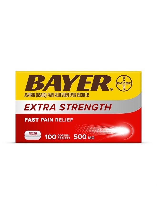 BAYER Extra Strength Aspirin 500 mg, Pain Reliever and Fever Reducer, Powerful Pain Relief of Headache, Muscle Pain, Minor Arthritis Pain, Back Ache, Toothache, and Menstrual Pain, 100 Coated Tablets - Image 1