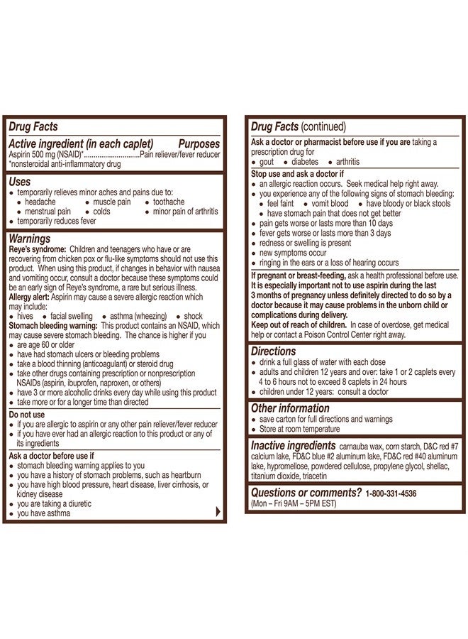 BAYER Extra Strength Aspirin 500 mg, Pain Reliever and Fever Reducer, Powerful Pain Relief of Headache, Muscle Pain, Minor Arthritis Pain, Back Ache, Toothache, and Menstrual Pain, 100 Coated Tablets - Image 5