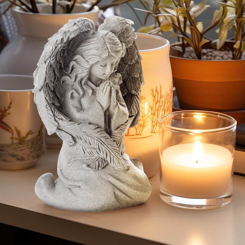 INLOMEM Praying Angel Figurine, Sculpted Hand-Painted Figurine, Angel Wings Statue for Home Decor or Garden, First Communion Gifts for Girls, Religious Gifts for Women (Gray) - Image 1