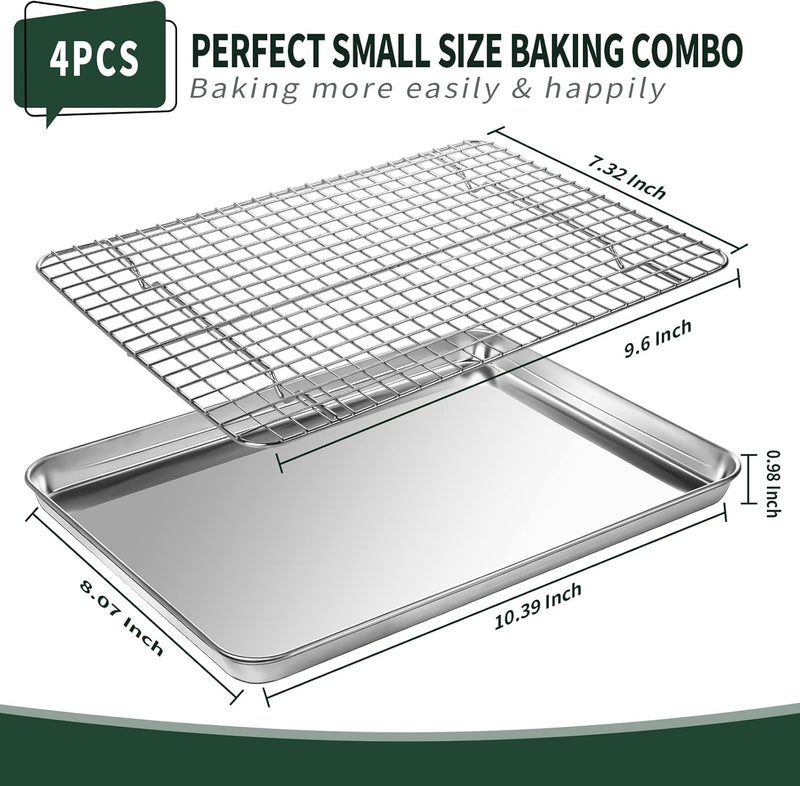 CEKEE 4 PCs Small Baking Sheet With Wire Rack Set [2 Pans + 2 Cooling Racks], 10 Inch Stainless Steel Tray - Rust & Warp Resistant, Easy Clean - Image 2