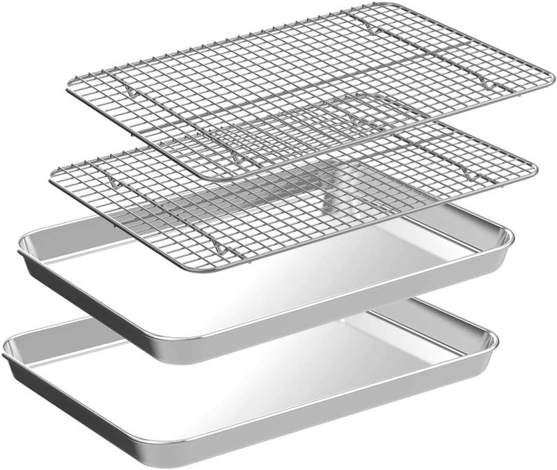 CEKEE 4 PCs Small Baking Sheet With Wire Rack Set [2 Pans + 2 Cooling Racks], 10 Inch Stainless Steel Tray - Rust & Warp Resistant, Easy Clean - Image 1