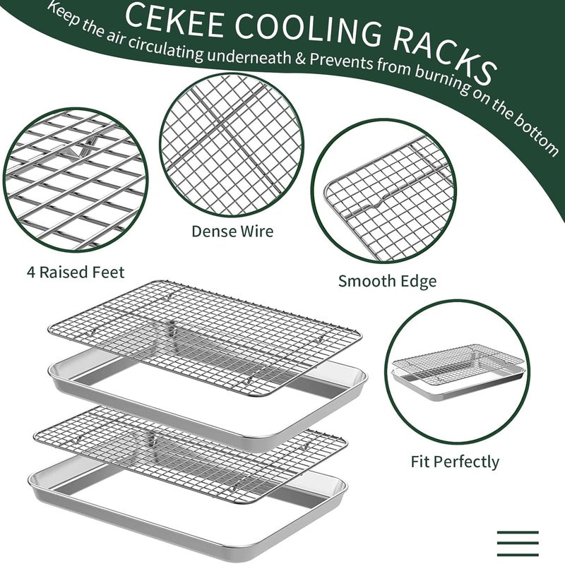 CEKEE 4 PCs Small Baking Sheet With Wire Rack Set [2 Pans + 2 Cooling Racks], 10 Inch Stainless Steel Tray - Rust & Warp Resistant, Easy Clean - Image 4