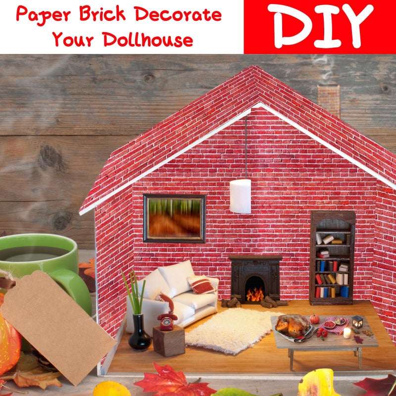 Furbeko 35 Pcs Miniature Dollhouse Wallpaper Self-Adhesive Mini DIY Floorboards Wall Paper Real Life DIY Decoration for Dollhouse(Red) - Image 4