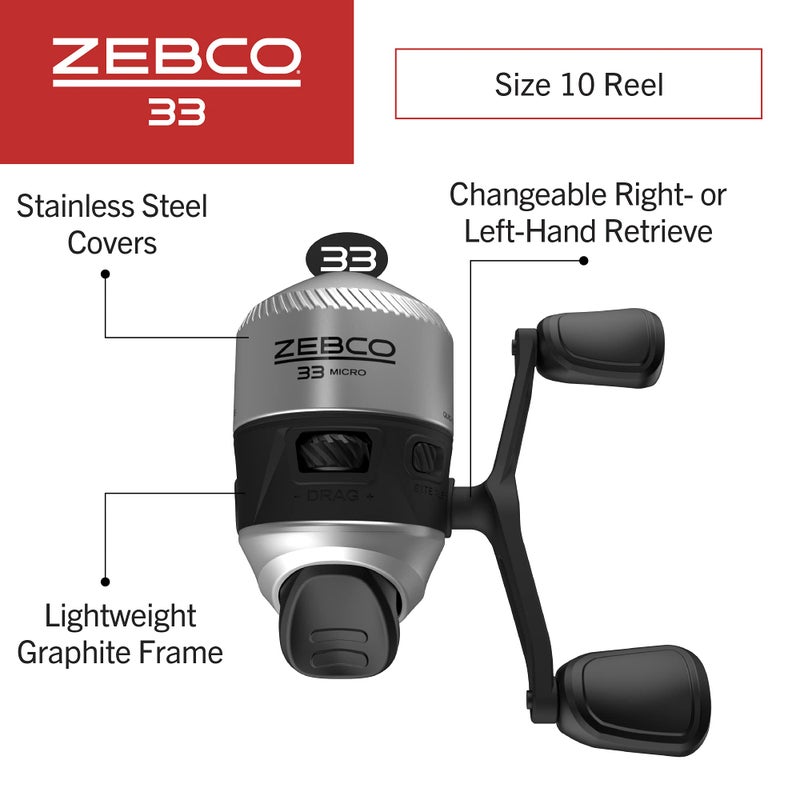Zebco بكرة صيد زيبكو 33 مايكرو سبينكاست، بكرة بحجم 10، استرجاع يدوي قابل للتغيير لليد اليمنى أو اليسرى، تنبيه عضّ مدمج، تروس معدنية متينة، مسبقة التحميل بخط زيبكو كاجون بوزن 4 باوند، فضي/أسود - Image 2