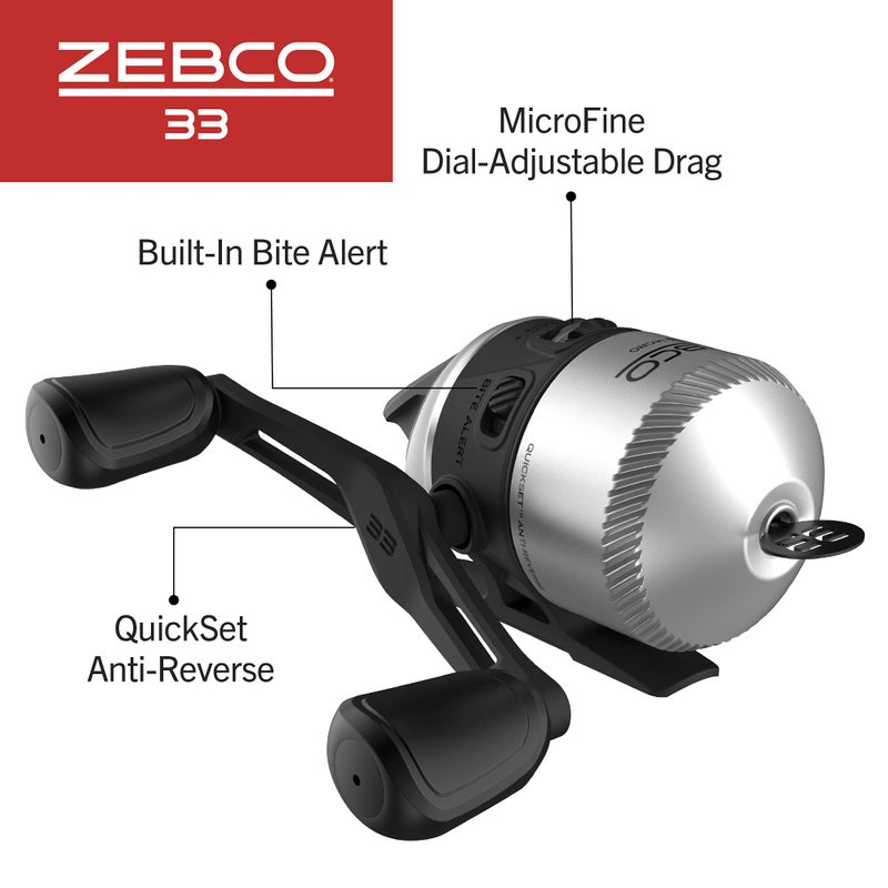 Zebco بكرة صيد زيبكو 33 مايكرو سبينكاست، بكرة بحجم 10، استرجاع يدوي قابل للتغيير لليد اليمنى أو اليسرى، تنبيه عضّ مدمج، تروس معدنية متينة، مسبقة التحميل بخط زيبكو كاجون بوزن 4 باوند، فضي/أسود - Image 3