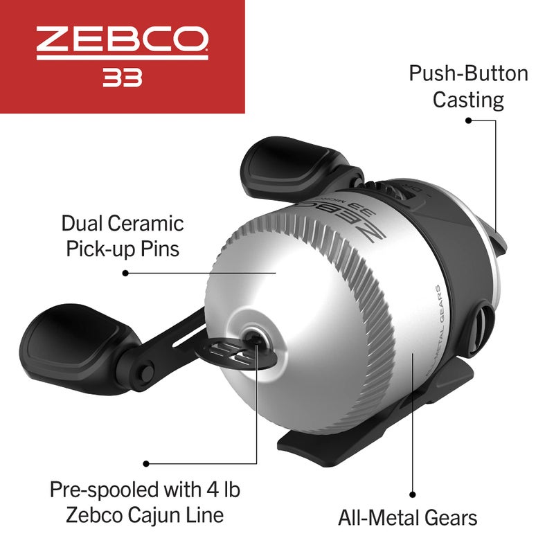 Zebco بكرة صيد زيبكو 33 مايكرو سبينكاست، بكرة بحجم 10، استرجاع يدوي قابل للتغيير لليد اليمنى أو اليسرى، تنبيه عضّ مدمج، تروس معدنية متينة، مسبقة التحميل بخط زيبكو كاجون بوزن 4 باوند، فضي/أسود - Image 4
