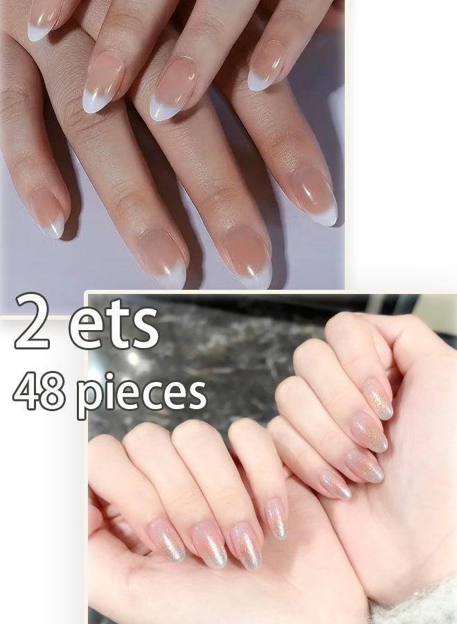 طقم أظافر مكون من 48 قطعة، طقم أظافر صناعية أنيقة باللون الأبيض المتدرج مكون من 24 قطعة - شكل لوزي قصير ومجموعة أظافر صناعية ناعمة للبنات مع بريق متدرج (24 قطعة) - شكل بيضاوي - Image 1