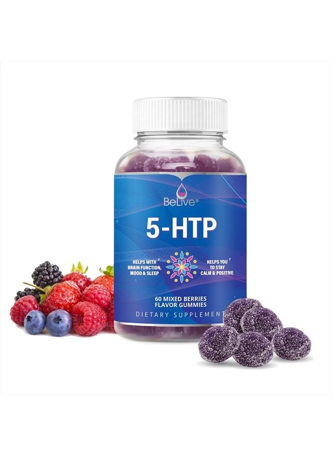 BeLive 5-HTP Gummies - 60 Ct I 5HTP Stress Relief Gummies for Better Sleep, Heightened Focus, Mood Booster & Stress Relief I Serotonin Booster for Adults, Vegan 5 HTP Supplement - Mixed Berries Flavor - Image 1