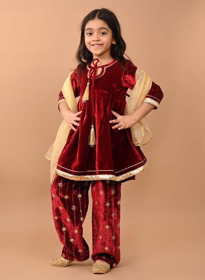 LILPICKS Gota Patti Embellished Empire Kurta Palazzo Set with Dupatta for Girls (Maroon) (7-8Y) - Image 3