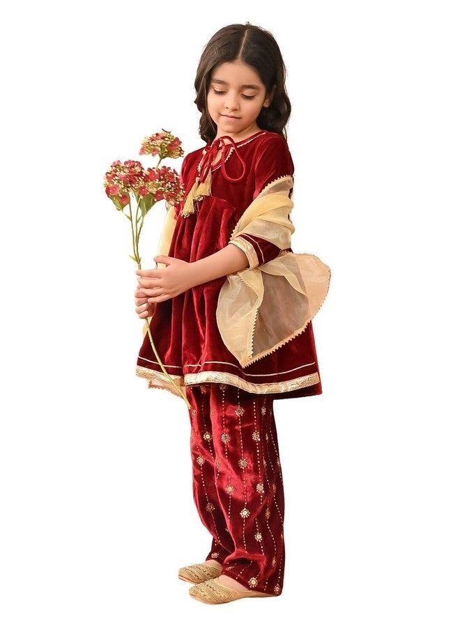LILPICKS Gota Patti Embellished Empire Kurta Palazzo Set with Dupatta for Girls (Maroon) (7-8Y) - Image 1