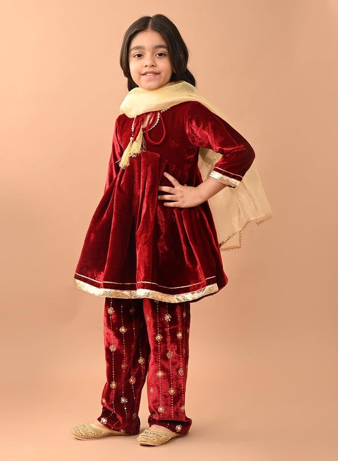 LILPICKS Gota Patti Embellished Empire Kurta Palazzo Set with Dupatta for Girls (Maroon) (7-8Y) - Image 4