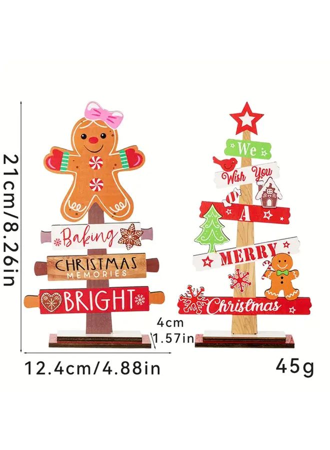 Wooden Christmas Tree Ornament With Bow And Gingerbread Couple For Tabletop Room Kitchen Decor - Image 4