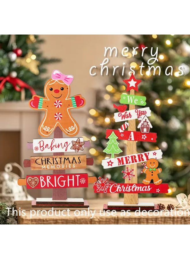 Wooden Christmas Tree Ornament With Bow And Gingerbread Couple For Tabletop Room Kitchen Decor - Image 2