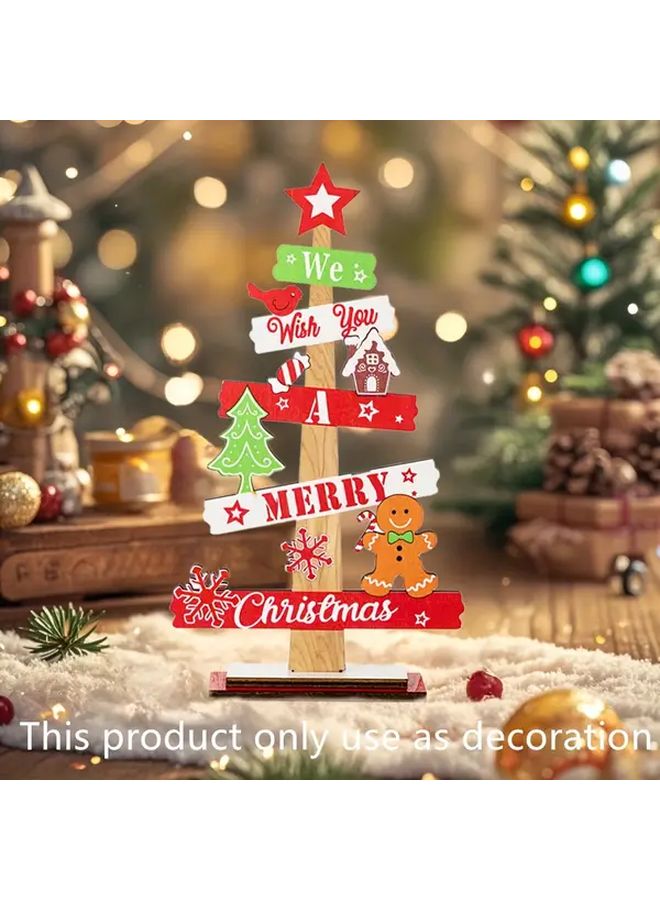 Wooden Christmas Tree Ornament With Bow And Gingerbread Couple For Tabletop Room Kitchen Decor - Image 5