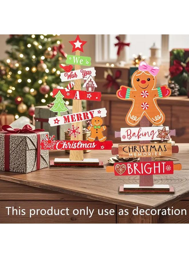 Wooden Christmas Tree Ornament With Bow And Gingerbread Couple For Tabletop Room Kitchen Decor - Image 3