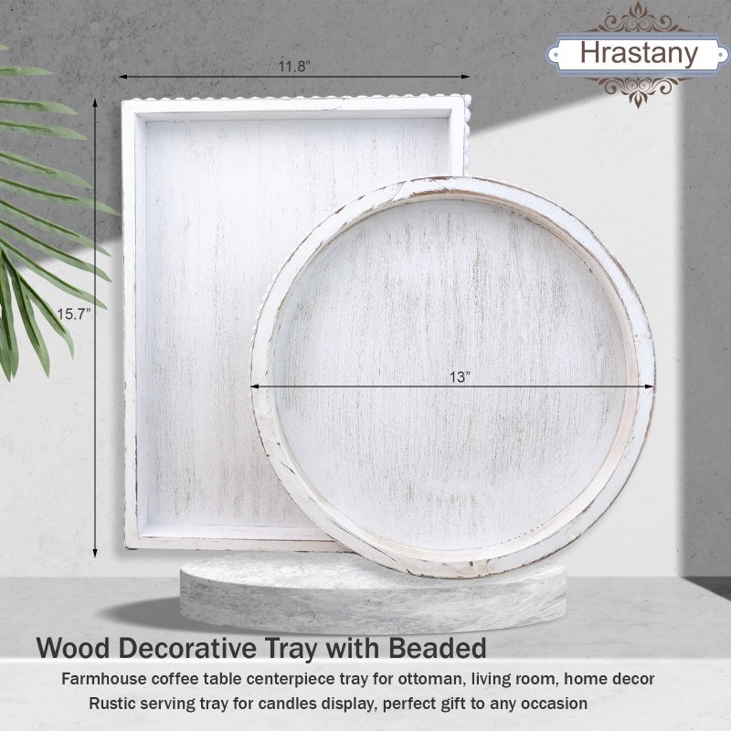 Hrastany Wood Decorative Coffee Table Serving Tray, Farmhouse Rectangular Tray with Wooden Bead for Ottoman, Entertaining, Home Decor, 15.7â€*11.8â€*1.57â€ (Whitewashed) - Image 4