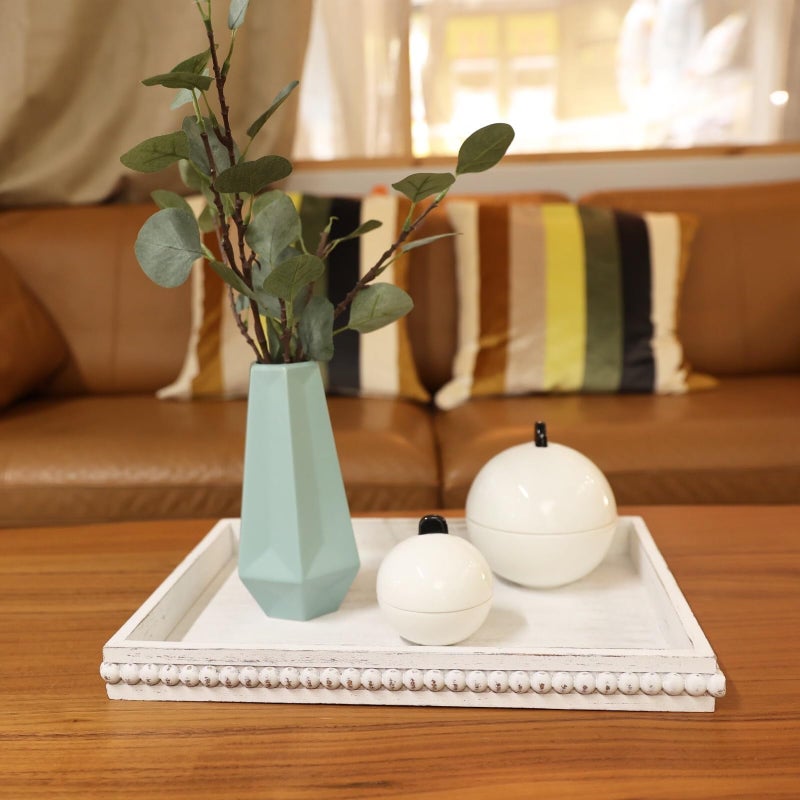 Hrastany Wood Decorative Coffee Table Serving Tray, Farmhouse Rectangular Tray with Wooden Bead for Ottoman, Entertaining, Home Decor, 15.7â€*11.8â€*1.57â€ (Whitewashed) - Image 2