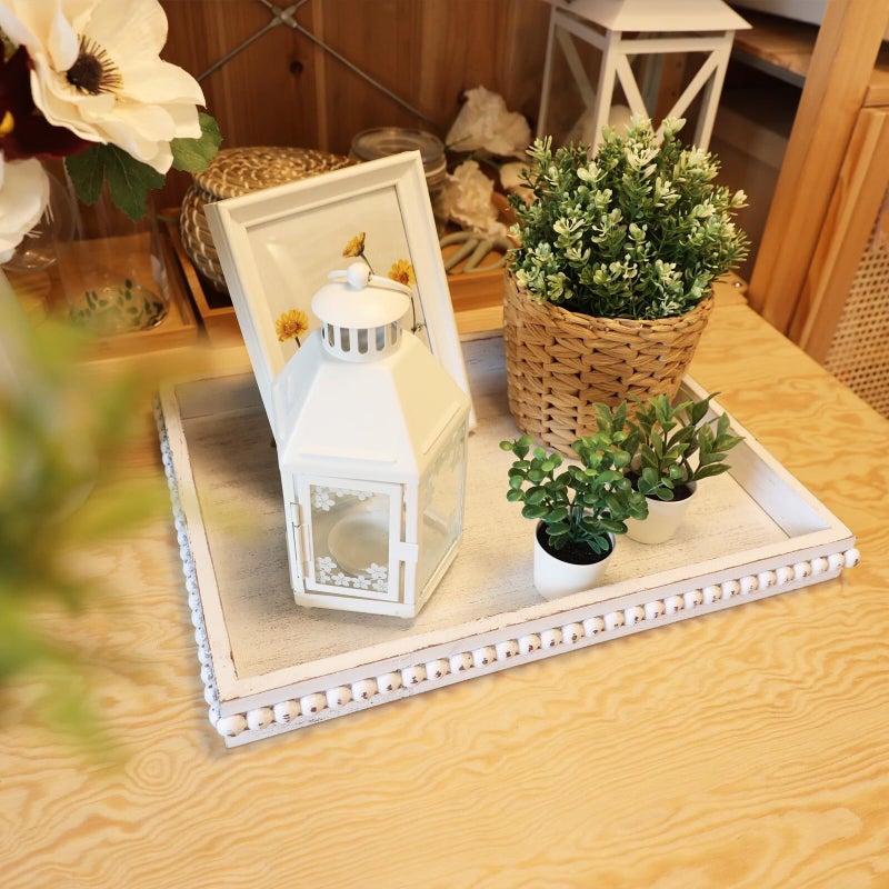 Hrastany Wood Decorative Coffee Table Serving Tray, Farmhouse Rectangular Tray with Wooden Bead for Ottoman, Entertaining, Home Decor, 15.7â€*11.8â€*1.57â€ (Whitewashed) - Image 3