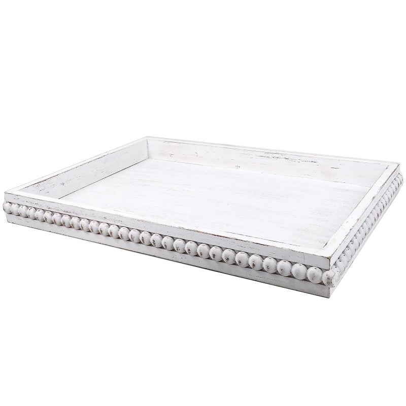 Hrastany Wood Decorative Coffee Table Serving Tray, Farmhouse Rectangular Tray with Wooden Bead for Ottoman, Entertaining, Home Decor, 15.7â€*11.8â€*1.57â€ (Whitewashed) - Image 1