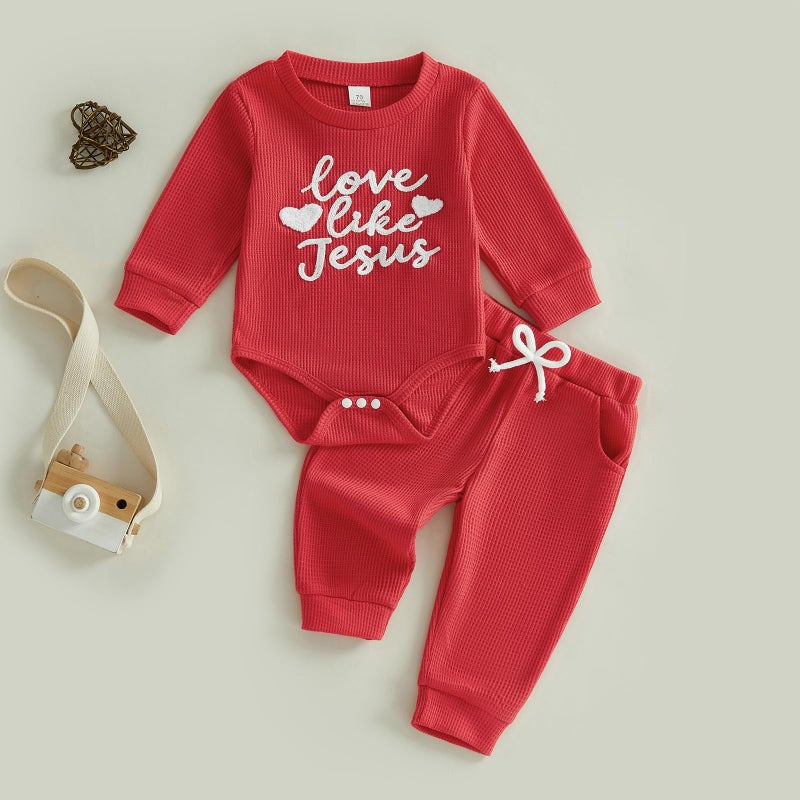 Douhoow Baby Valentines Day Outfit Infant Boy Girl My 1st Valentine's Embroidered Waffle Baby Sweatshirt Romper Pants Set (Red C, 0-3 Months) - Image 2