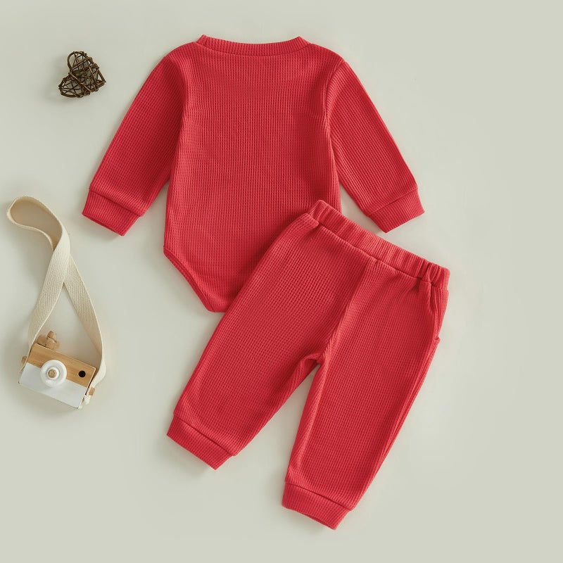 Douhoow Baby Valentines Day Outfit Infant Boy Girl My 1st Valentine's Embroidered Waffle Baby Sweatshirt Romper Pants Set (Red C, 0-3 Months) - Image 3