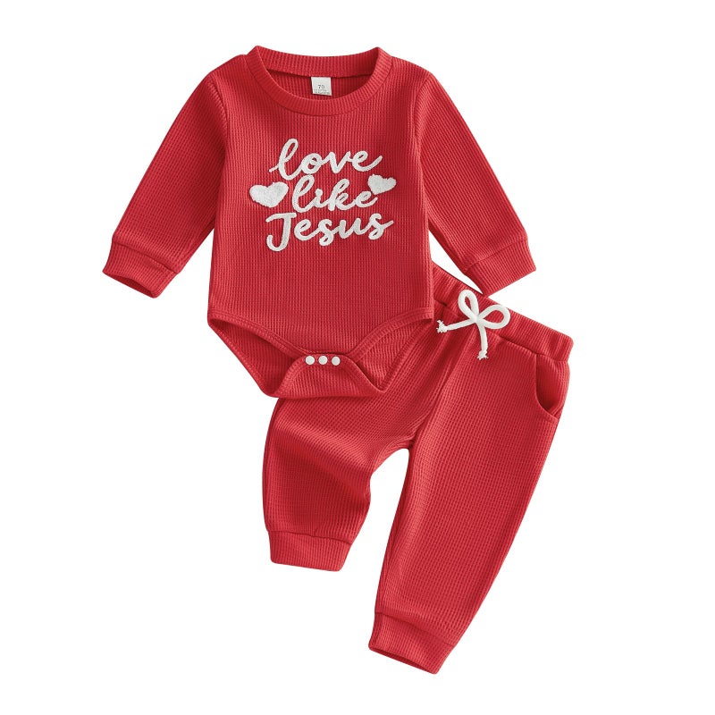 Douhoow Baby Valentines Day Outfit Infant Boy Girl My 1st Valentine's Embroidered Waffle Baby Sweatshirt Romper Pants Set (Red C, 0-3 Months) - Image 1
