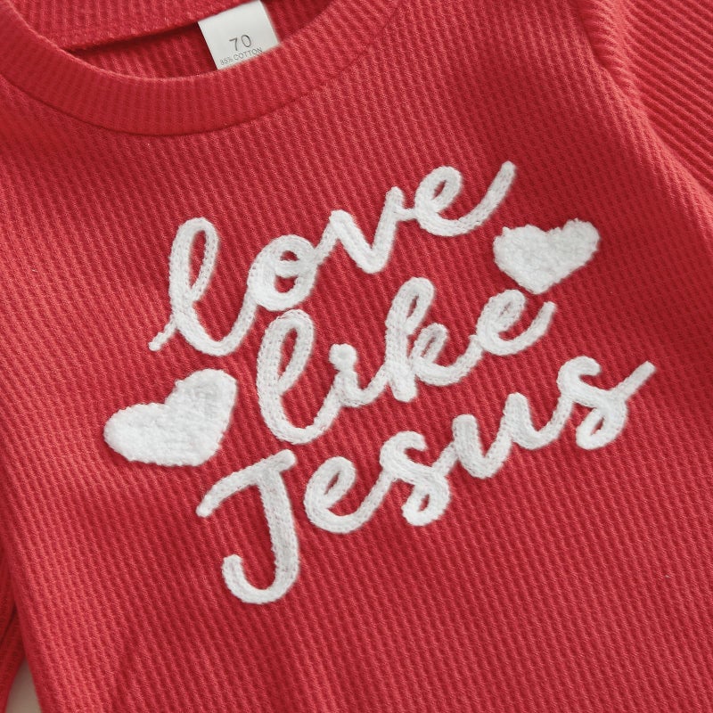 Douhoow Baby Valentines Day Outfit Infant Boy Girl My 1st Valentine's Embroidered Waffle Baby Sweatshirt Romper Pants Set (Red C, 0-3 Months) - Image 4