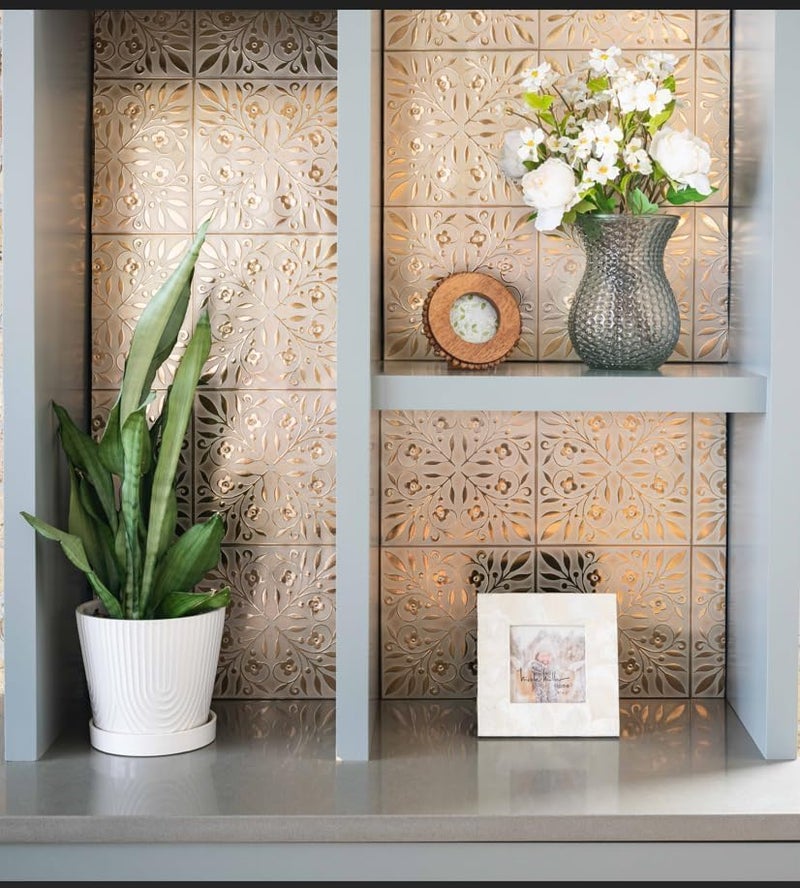 Main Street 24-Pack of 8 x 8" Wallpaper Tiles Peel and Sitck in White and Gold Leaves Design for Kitchen Backsplash, Renter Friendly, Paper Wall Tiles for Your Home and DIY Projects - Image 5