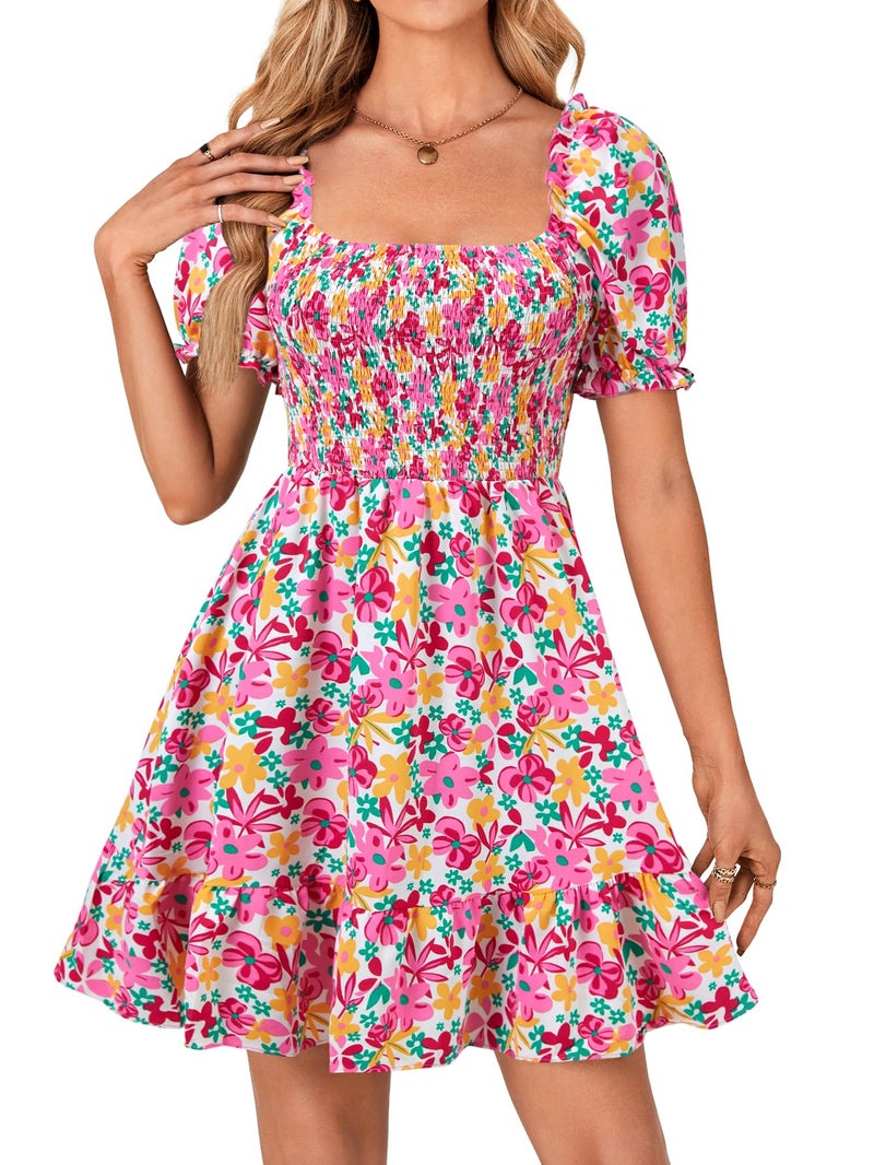 Rooscier Women's Summer Boho Floral Print Square Neck Smocked Ruffle Casual Sundress Mini Dress Rose Floral Large - Image 2