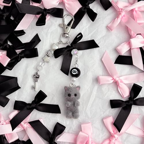 Thalireth Y2k Cute Bow Kitty Keychains Fuzzy Cat Bag Charms Kawaii Aesthetic Heart Key Pendant For Tote Bags Backpack Purse (Grey) - Image 3