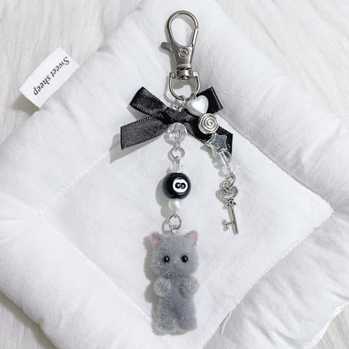 Thalireth Y2k Cute Bow Kitty Keychains Fuzzy Cat Bag Charms Kawaii Aesthetic Heart Key Pendant For Tote Bags Backpack Purse (Grey) - Image 2