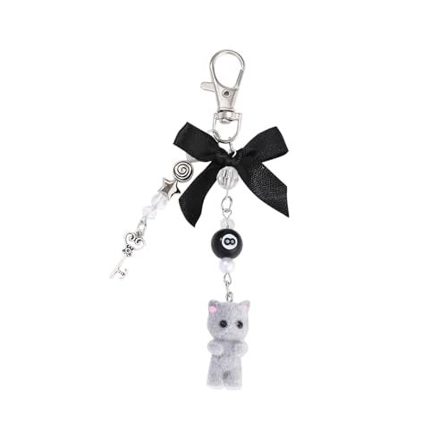 Thalireth Y2k Cute Bow Kitty Keychains Fuzzy Cat Bag Charms Kawaii Aesthetic Heart Key Pendant For Tote Bags Backpack Purse (Grey) - Image 1