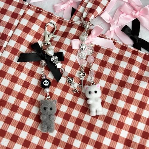 Thalireth Y2k Cute Bow Kitty Keychains Fuzzy Cat Bag Charms Kawaii Aesthetic Heart Key Pendant For Tote Bags Backpack Purse (Grey) - Image 4