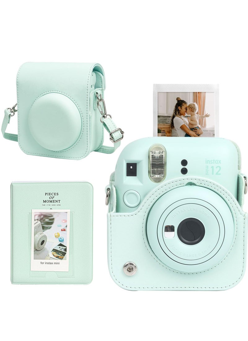 Generic Case for Fujifilm Instax Mini 12 Camera Protective PU Leather Bag Cover with Adjustable Shoulder Strap and Mini Photo Album 64 Pockets (Mint Green)  - Image 1