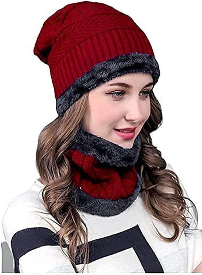 NAITH 2 Pairs Men's & Women's Snow Proof,Inside Fur, Warm Woolen Cap with Neck Muffler/Neck Warmer/Scarf for Winters - Free Size Unisex Beanie Cap with Neck Warmer (RED Grey, Wool) - Image 3