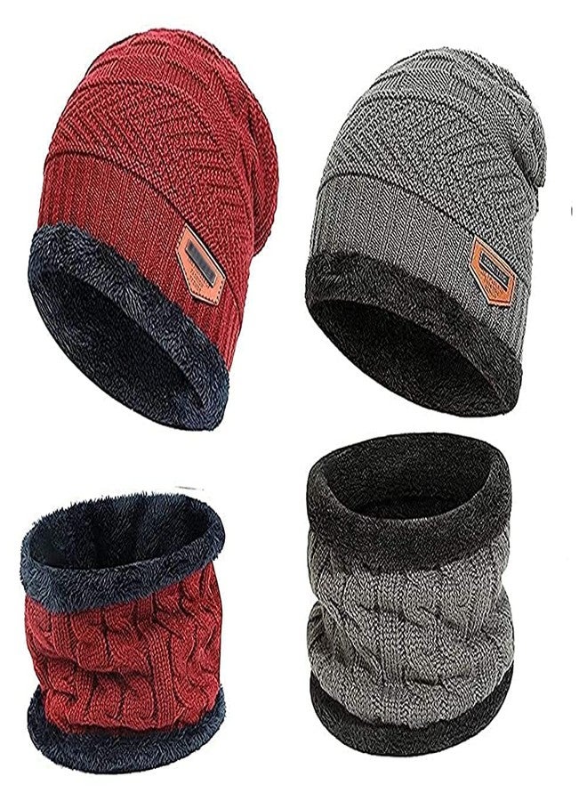 NAITH 2 Pairs Men's & Women's Snow Proof,Inside Fur, Warm Woolen Cap with Neck Muffler/Neck Warmer/Scarf for Winters - Free Size Unisex Beanie Cap with Neck Warmer (RED Grey, Wool) - Image 2